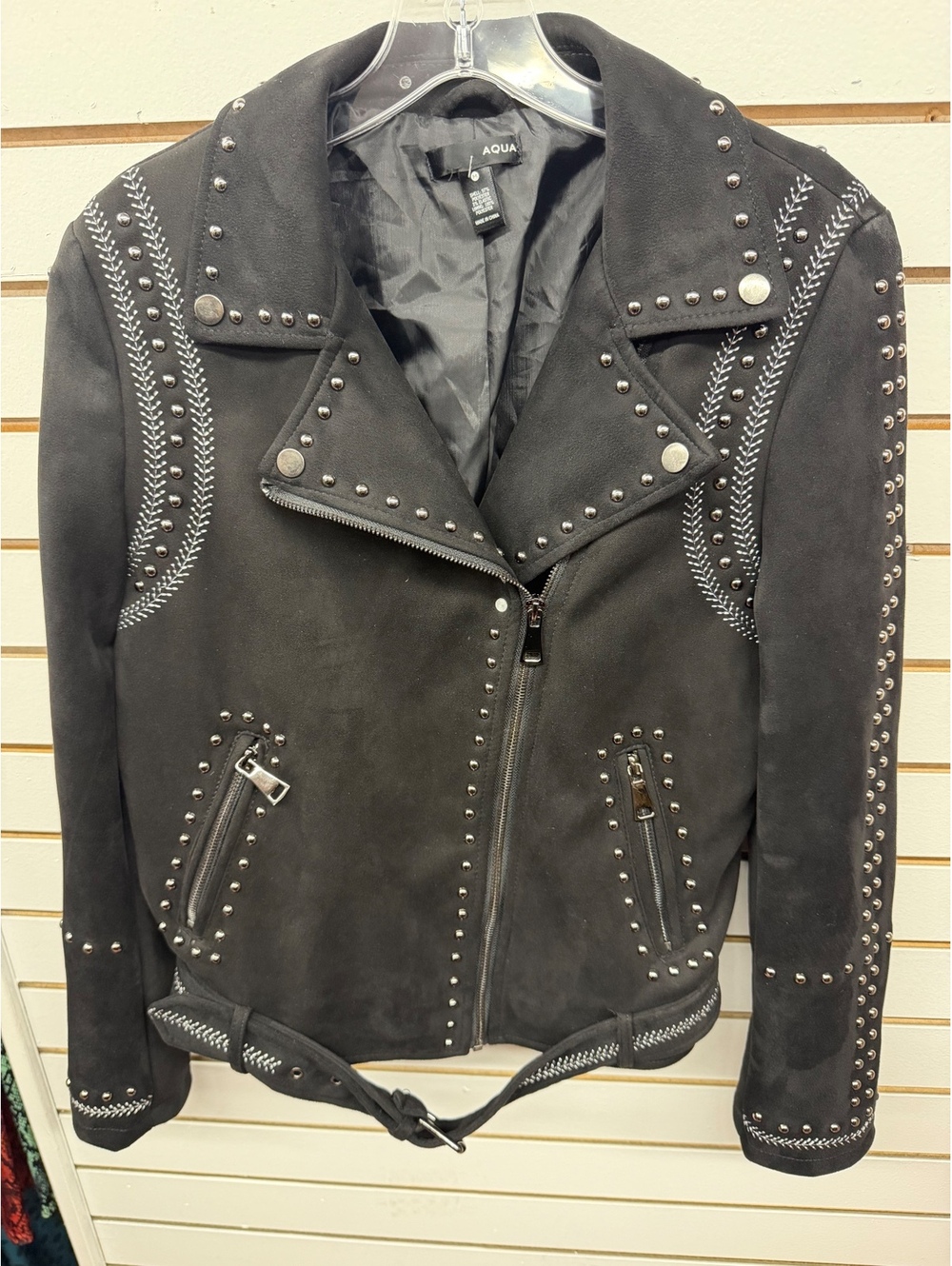AQUA Black Studded Embroidered Moto Jacket Size Medium